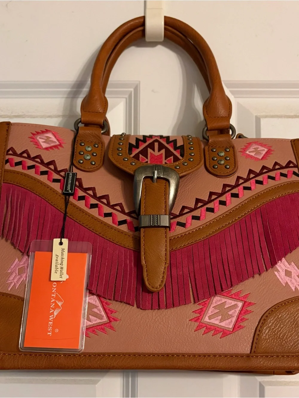Montana West Pink Fringe Satchel with Brown Trim and Embroidery